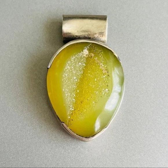 Natural Yellow Druzy Stone Sterling Silver Teardrop Pendant Vintage - Picture 3 of 6